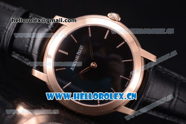Audemars Piguet Jules Audemars Clone AP Calibre 3120 Automatic Rose Gold Case with Stick Markers Black Dial and Black Leather Strap - Click Image to Close